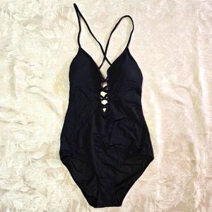 Victoria's Secret Black Braided Straps V-Neck Swimsuit Low Back Medium Sexy Goth